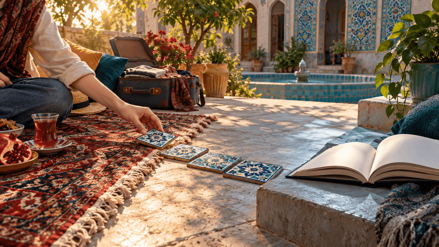 حیاط ایرانی در تعطیلات با چمدان، سفرهٔ پیک‌نیک، مسیر کاشی و کتاب باز برای پیوند استراحت و مطالعه