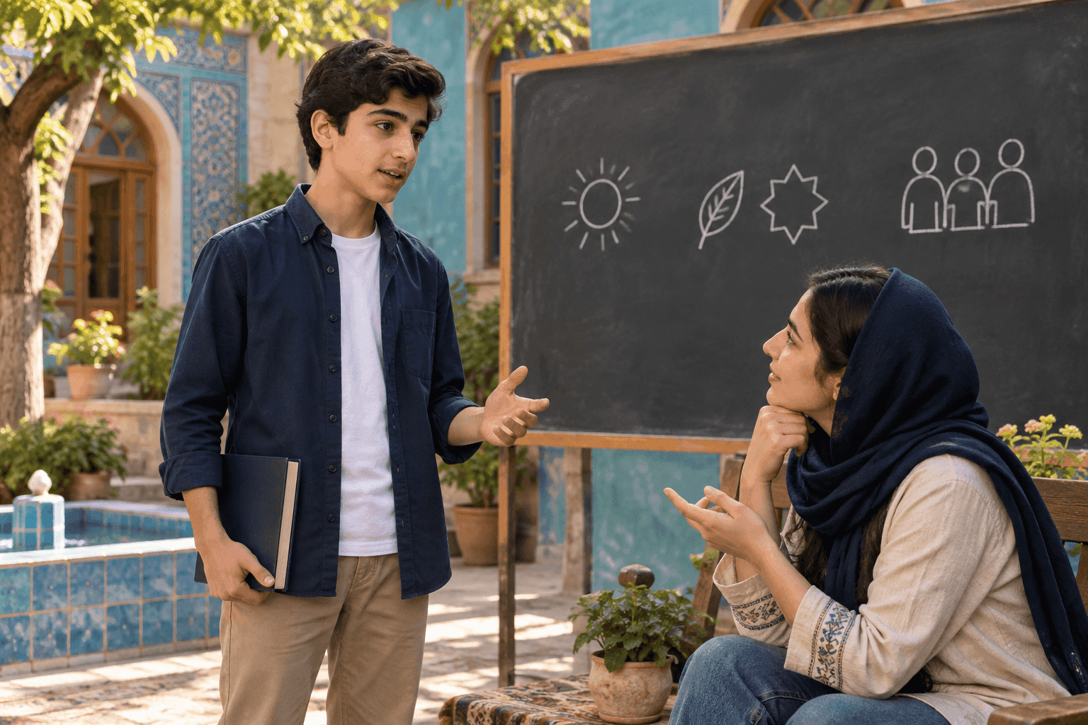 دانش‌آموز ایرانی با کتاب بسته مطلبی را برای خواهرش در حیاط مدرسه توضیح می‌دهد