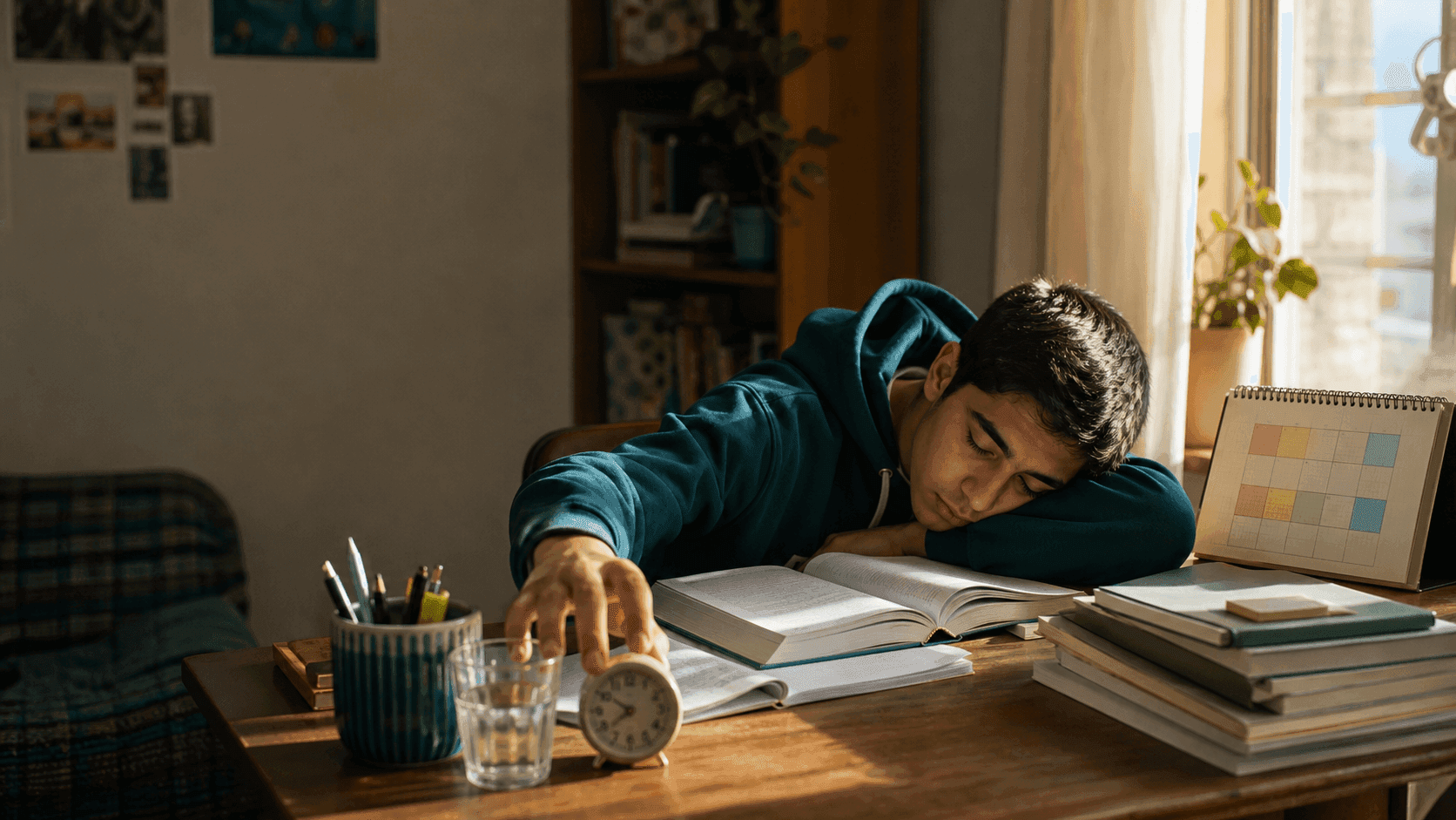 دانش‌آموز ایرانی در لحظهٔ خواب‌آلودشدن هنگام مطالعه و تلاش برای بازگشت به تمرکز