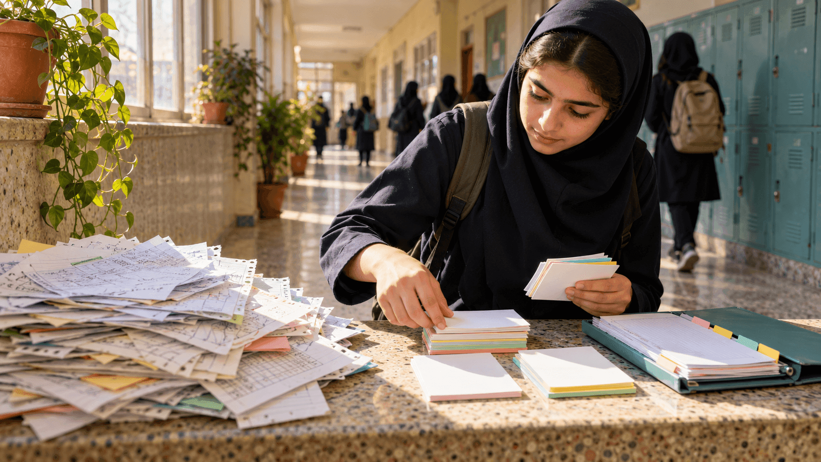دانش‌آموزی در راهروی مدرسه در حال مرتب‌کردن جزوه و تبدیل یادداشت‌ها به کارت‌های پرسش