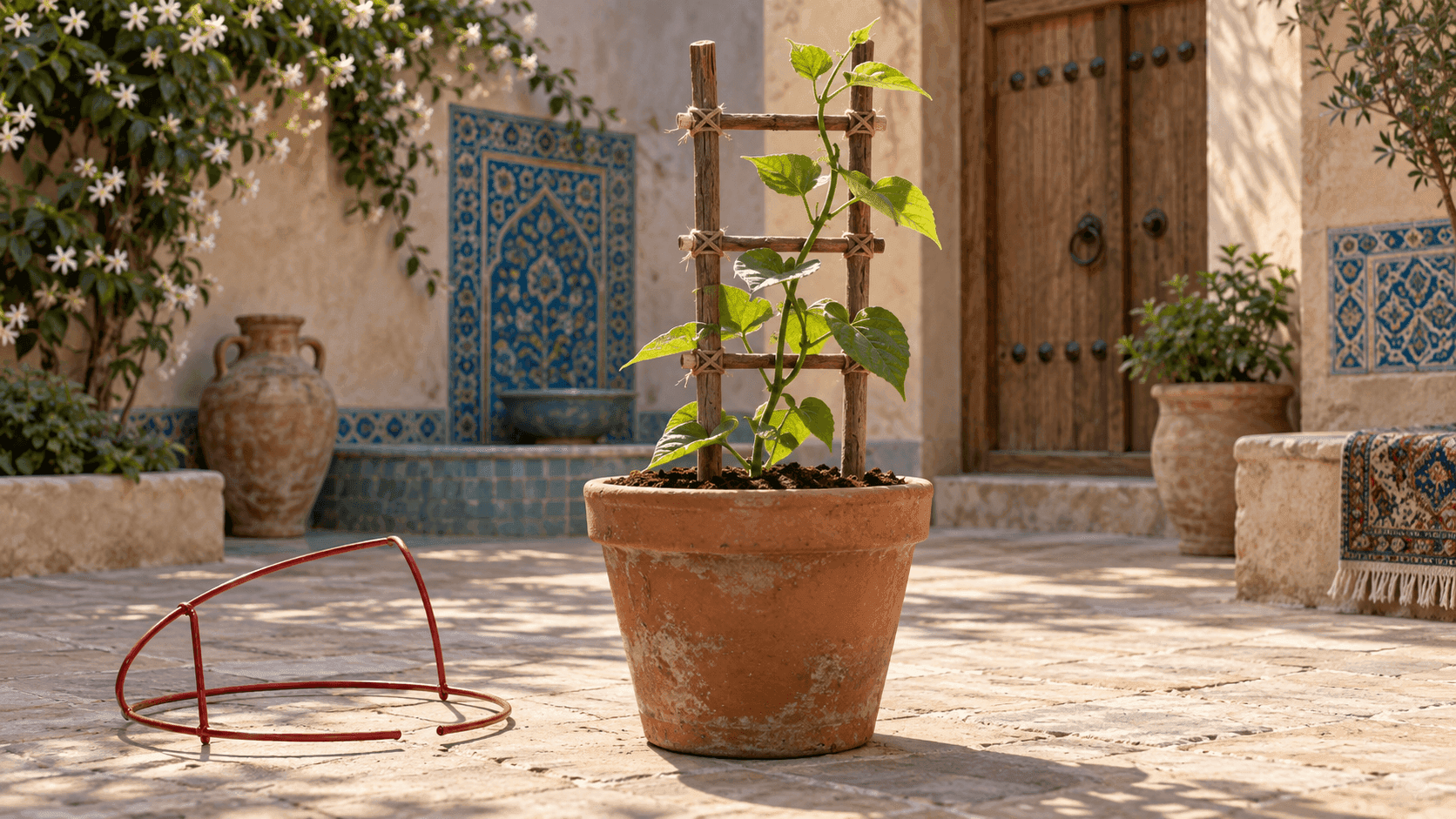 گیاه جوان در گلدان سفالی ایرانی با داربست چوبی و حلقهٔ سیمیِ بازشده در کنار آن