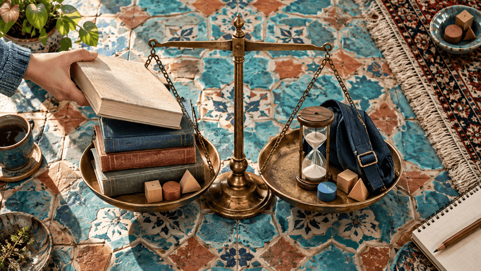 ترازوی برنجی و کتابهای درسی روی کاشی ایرانی، استعارهای از سنجش ظرفیت واقعی برنامه