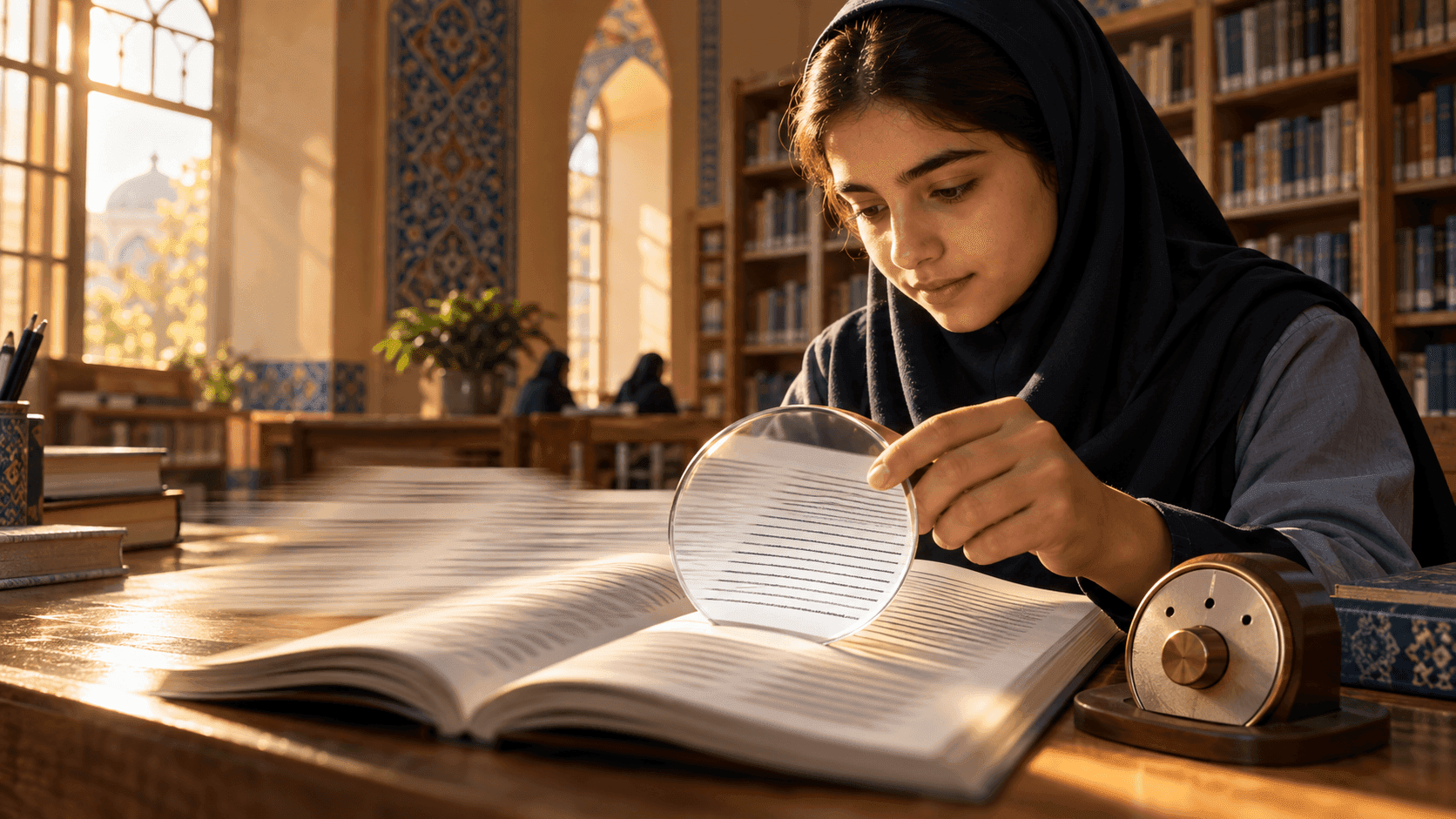 دانشآموز ایرانی با لنز شفاف، تفاوت سرعت و وضوح مطالعه را روی کتاب درسی نشان میدهد